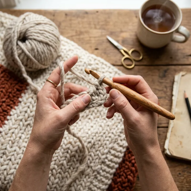Cozy crochet blanket and balls of yarn on a wooden table